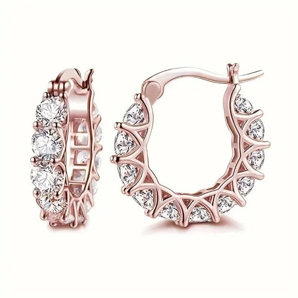 Huggie Hoop MAJOR BLING Earrings #1419 rose gold tone clear stone - Picture 1 of 10